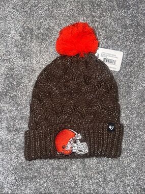 ’47 Kids Brown Knit Beanie with Red Pom and Team Helmet Patch